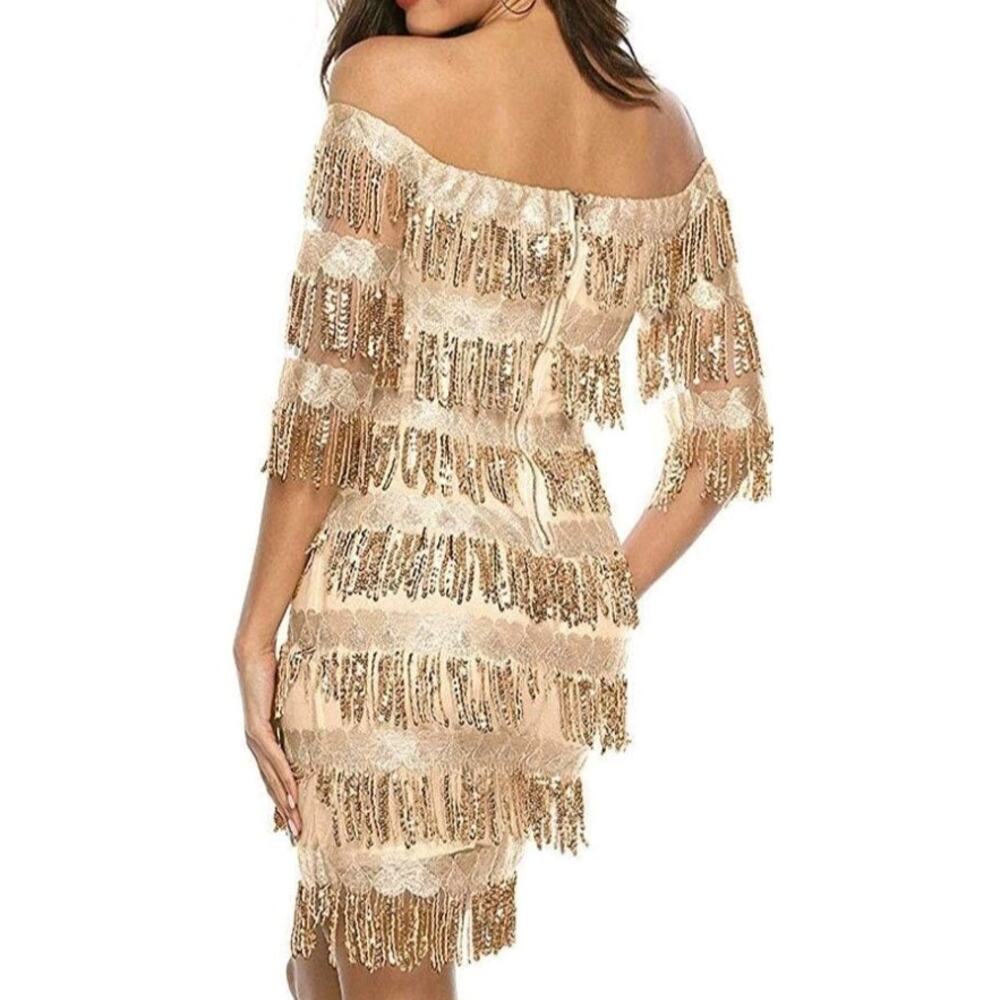 Chartou Off The Shoulder Fringed Sequin Party Style Dress NWT - Picture 2 of 11